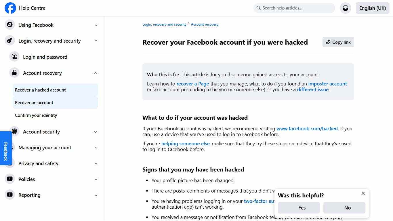 Recover your Facebook account if you were hacked | Facebook Help Centre